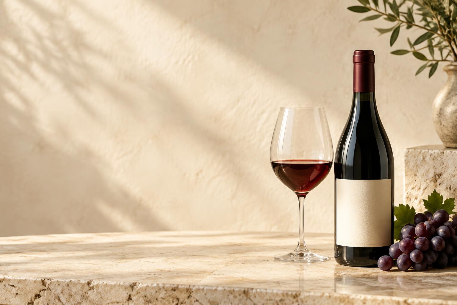 Une bouteille de vin rouge et son verre, sur une table en pierre baignée de soleil